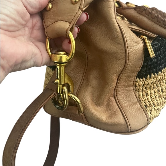Rebecca Minkoff Straw & Leather Satchel Bag • Tan Black Raffia - Picture 5 of 7